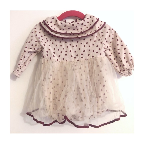 Adorable Mini Olie Burgundy Polka Dot Romper with Collar and Tulle Skirt Layer - Picture 1 of 5